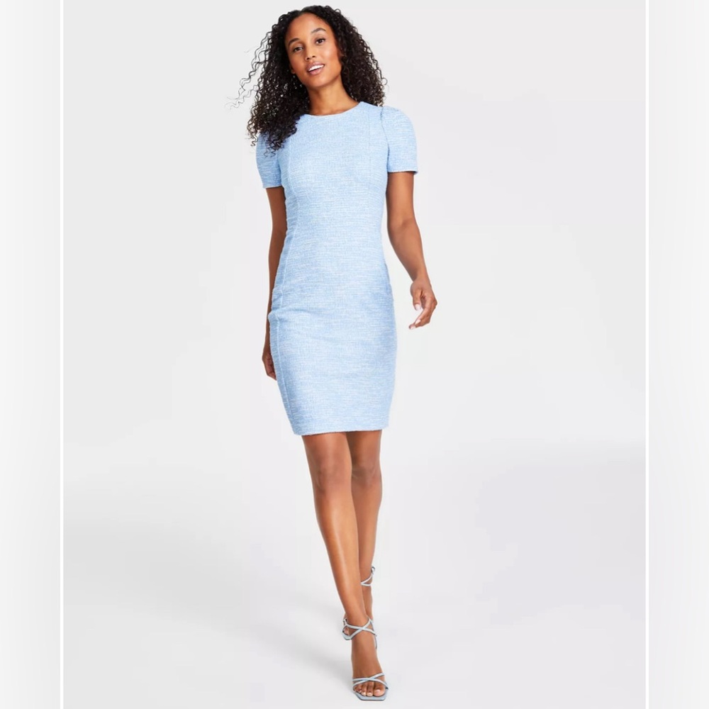 Calvin Klein Pastel Blue Tweed Shift with Puffy Sleeves - 16W